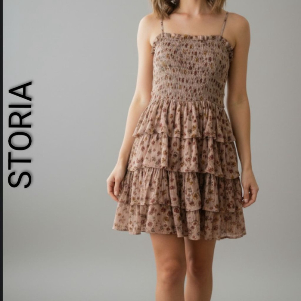 Women's STORIA Beige Floral Tiered Mini Dress S indie boho hippie festival artsy
